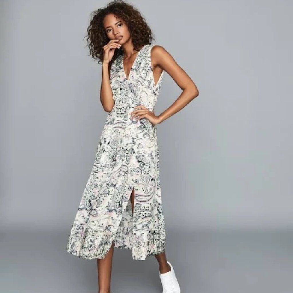 Reiss Marcy - Ladies Green, Pink And White Printed Midi Dress